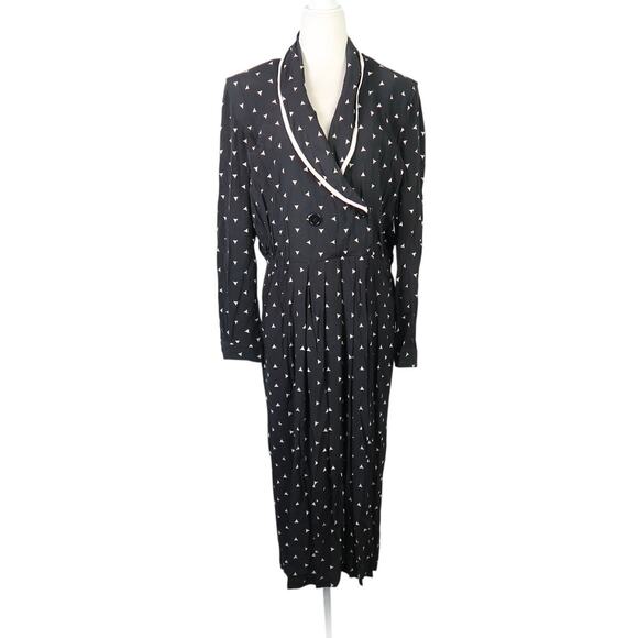 Vintage 80s Joan Martin Black and Cream Triangle Print Midi Dress L - Picture 1 of 6